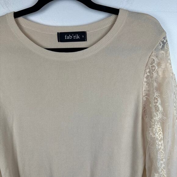 Fab'rik Womens Sheer Lace Balloon Sleeve Pullover Round Neck Beige Sweater Small - Picture 4 of 9